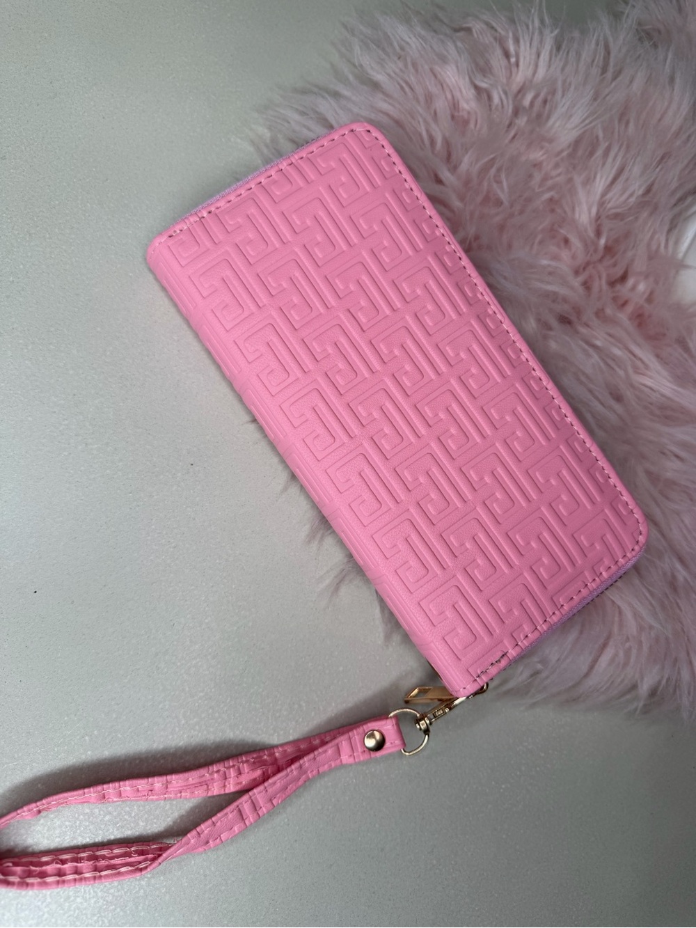 Pink Embossed Zip-Around Wristlet Wallet
